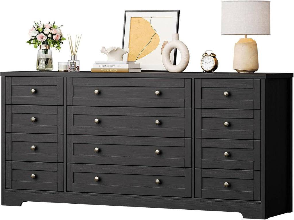 12 Drawer Wood Dresser - 63" Wide Chest of Drawers, Modern Storage Cabinet , Fits 65 Inch TV, Sturdy Wood
