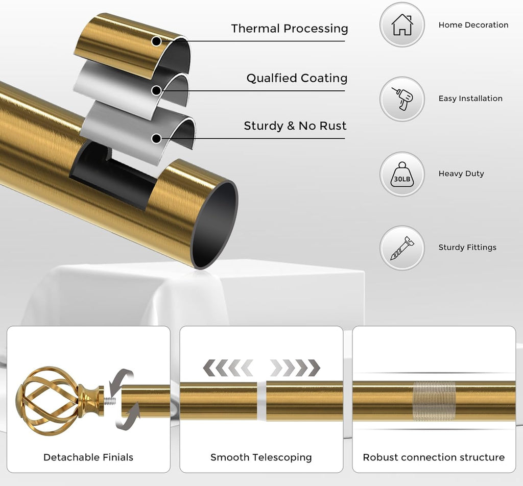 Gold Curtain Rod 36-72 Inch, Brushed Brass Decorative Curtain Rods for Windows with Twisted Cage Finials, 3/4"