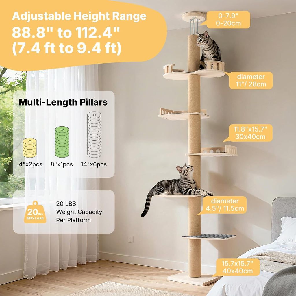 Floor to Ceiling Cat Tree, 61-110" Adjustable Tall Tension Cat Tower