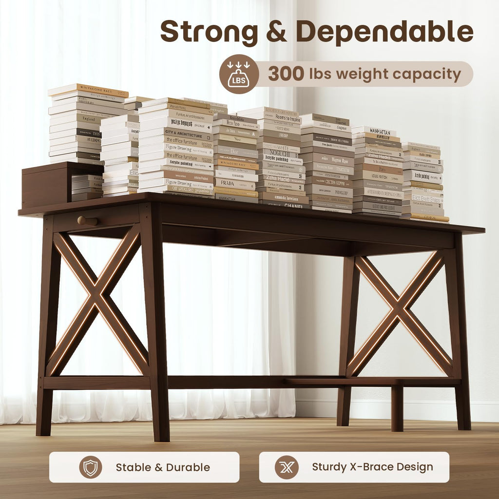 Solid Wood Computer Desk - 60 inch Modern Work Study Table, Walnut