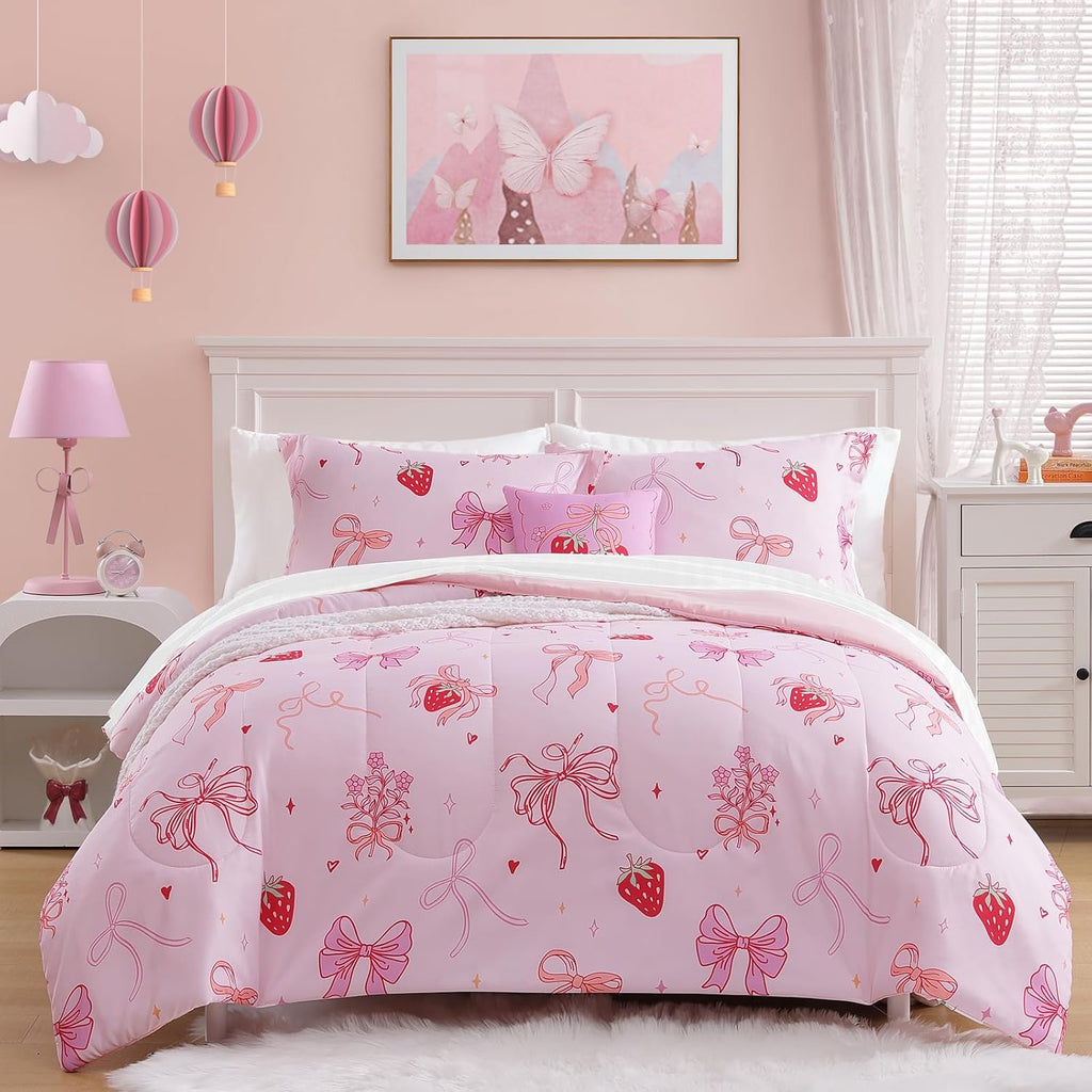 Full Comforter Set for Girls - 4 Pieces Pink Bow Full Bedding Sets for Kids, 1 Comforter, 2 Shams and 1 Decor Pillow