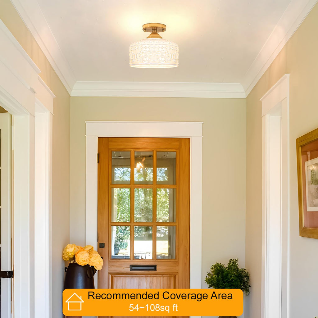 Artistic Gold Handcrafted Semi Flush Mount Ceiling Light - 12 Inch Vintage White Glass Shade with Etched Patterns