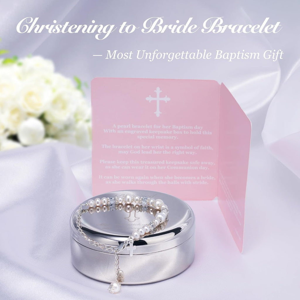 Baptism Bracelet in 925 Sterling Silver and Cultured Pearls for Baby Girls, with Silver-plated Jewelry Keepsake Box