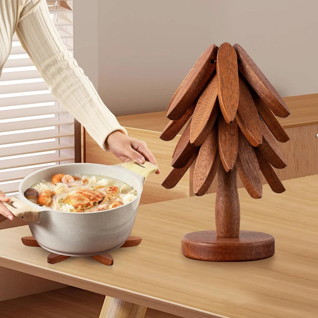 Wooden Trivets for Hot Dishes, Hot Dish Coaster with Tree-Shaped Wood Collapsible Hot Pad Trivet Tree for Restaurant - Set of 4