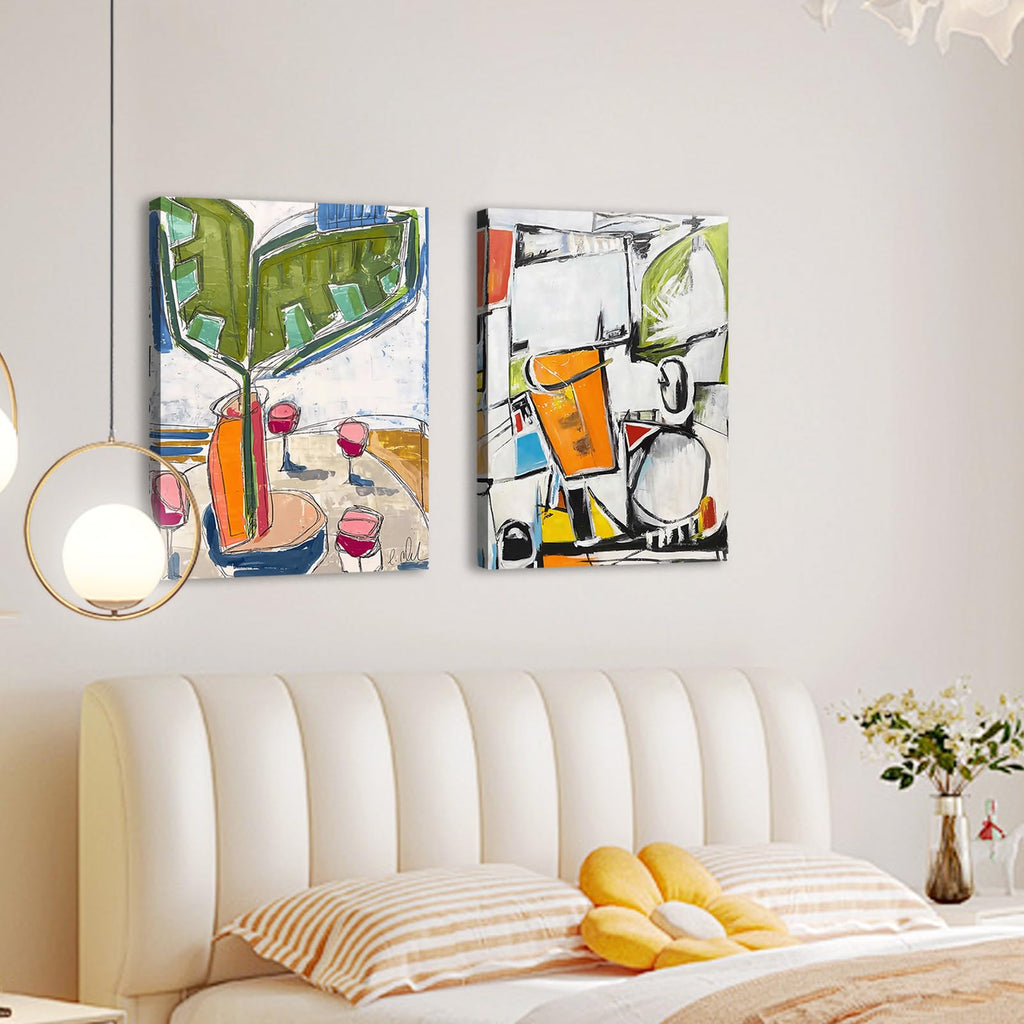 Framed 2pcs Abstract White Green Wall Art Geometric Print Colorful Dining Room Canvas Painting Modern Mexican Style