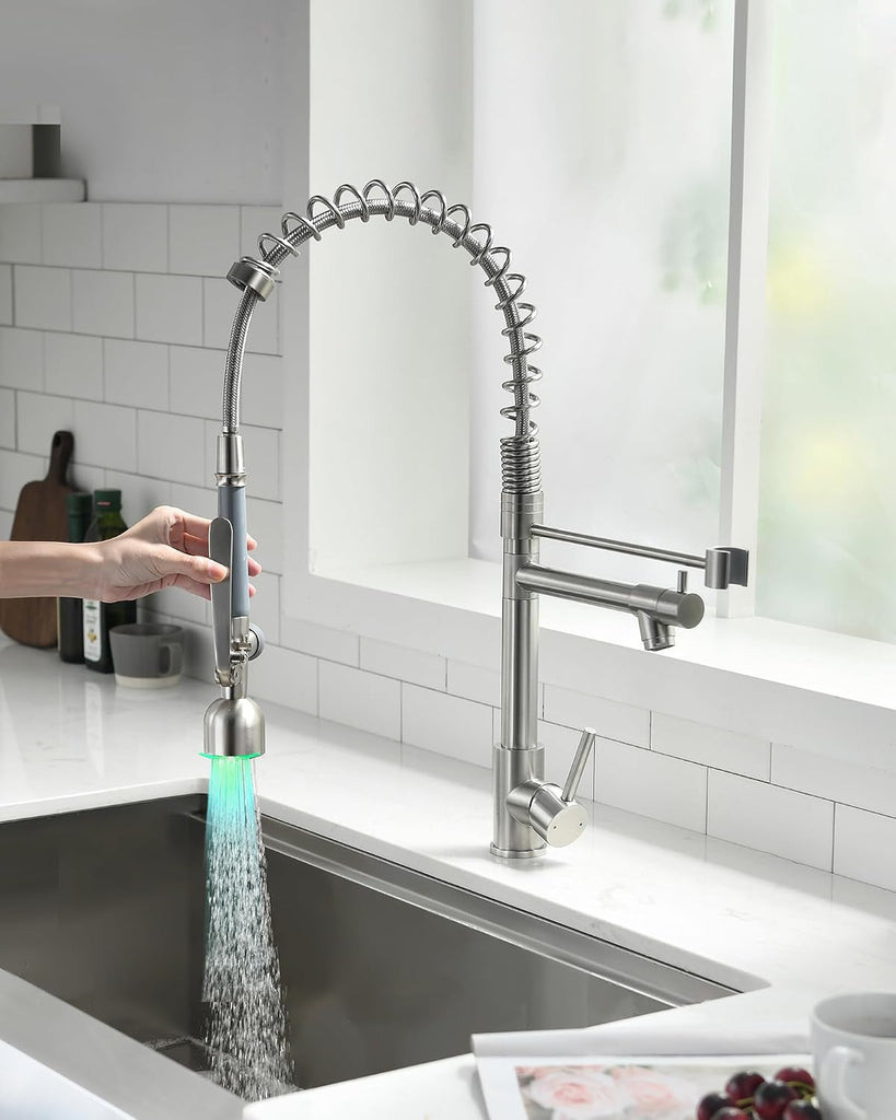Commercial Pull Down Sprayer Brushed Nickel Kitchen Faucet | Single Handle Kitchen Sink Faucet with LED Light
