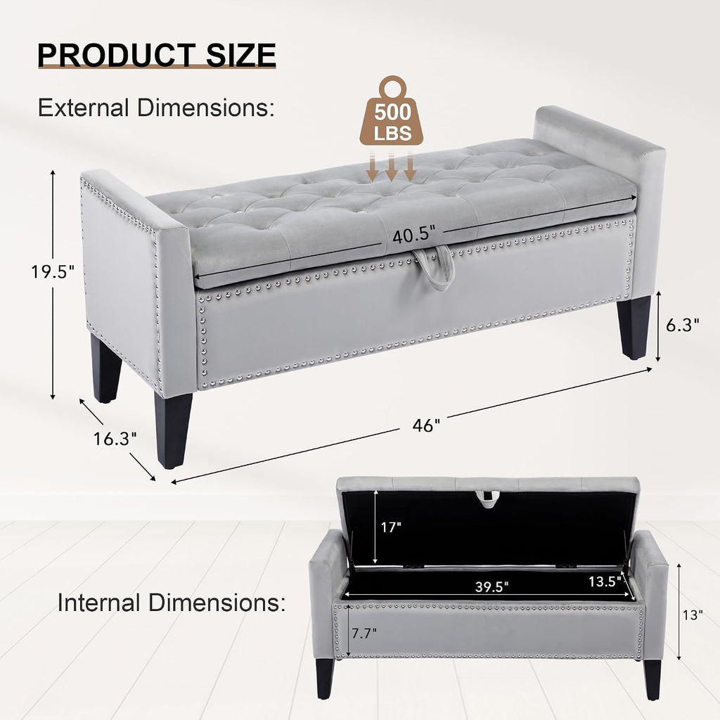 Velvet Storage Ottoman Bench, 46'' Upholstered Button Tufted End of Bed Bench, Modern Storage Bench , Grey