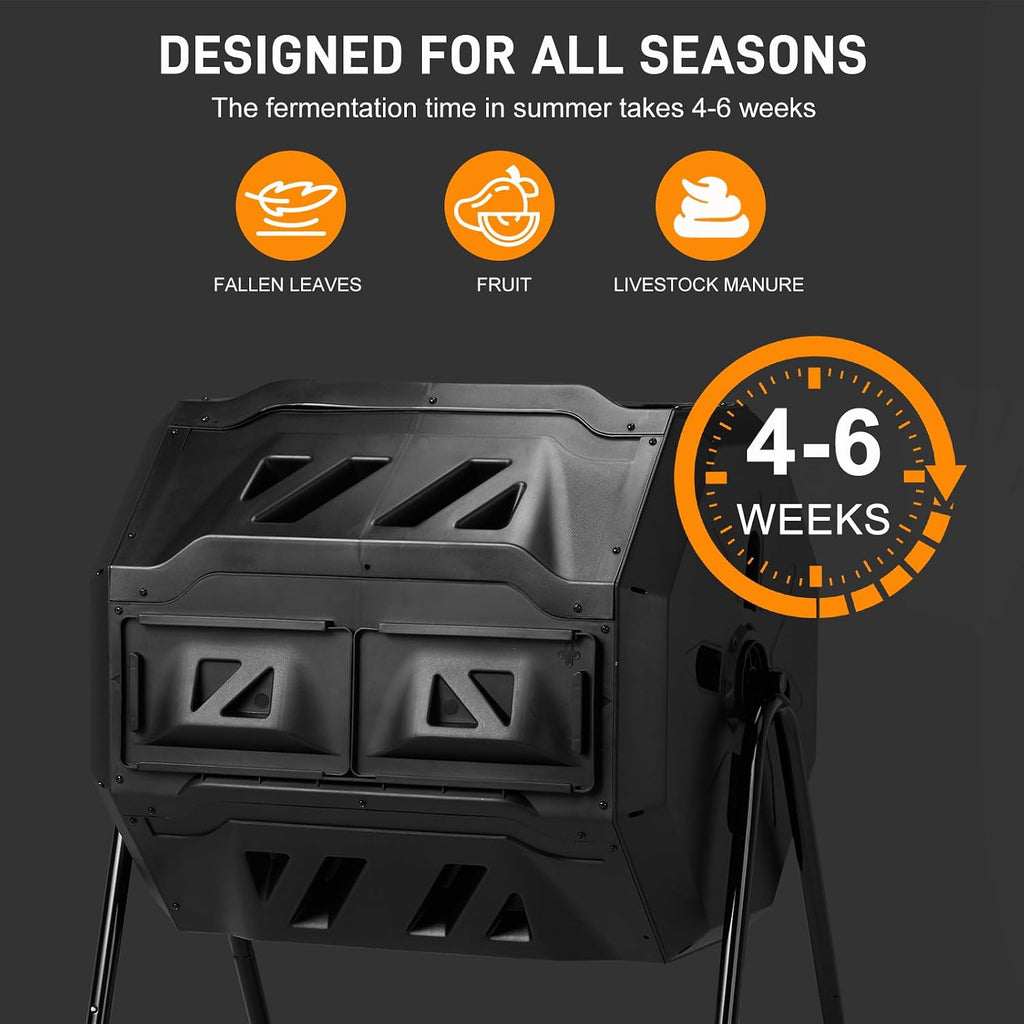 42 Gallon Outdoor Compost Tumbler Dual Chamber, Rotating Batch Compost Bin with 360° Tumbling Design, Heavy Duty