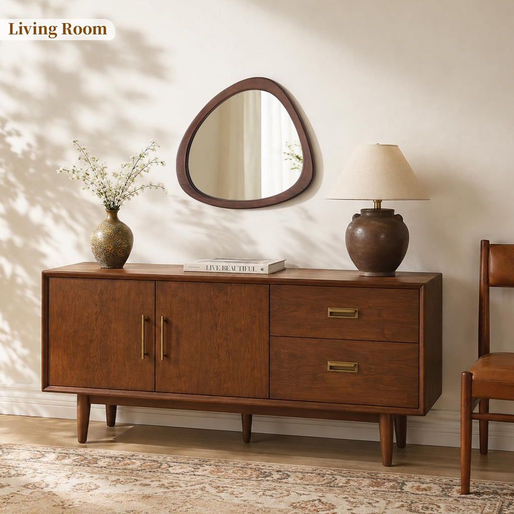 23" H x 19" W Asymmetrical Mirror, Irregular Wall Mirror, Wood Mirror, Hall - Dark Walnut