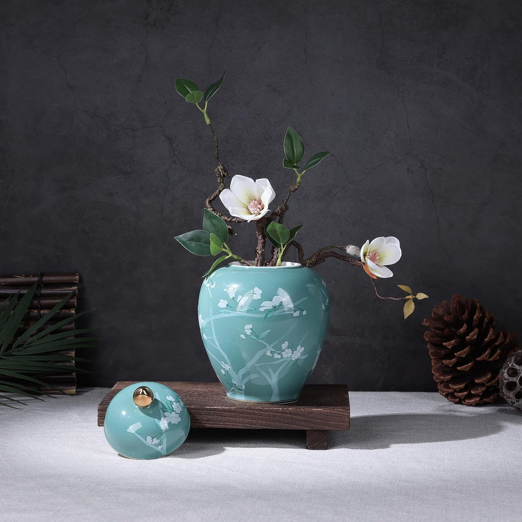 Green Pine Blossom Ceramic Jar-Blue and White Porcelain Ginger Jar, Chinoiserie Decorative Storage Jar