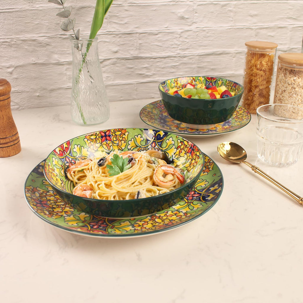 Mandala Dinnerware Sets, Plates and Bowls Set, Porcelain Dishes Service for 4, Zanzibar, Bohemian Style Dining Ware