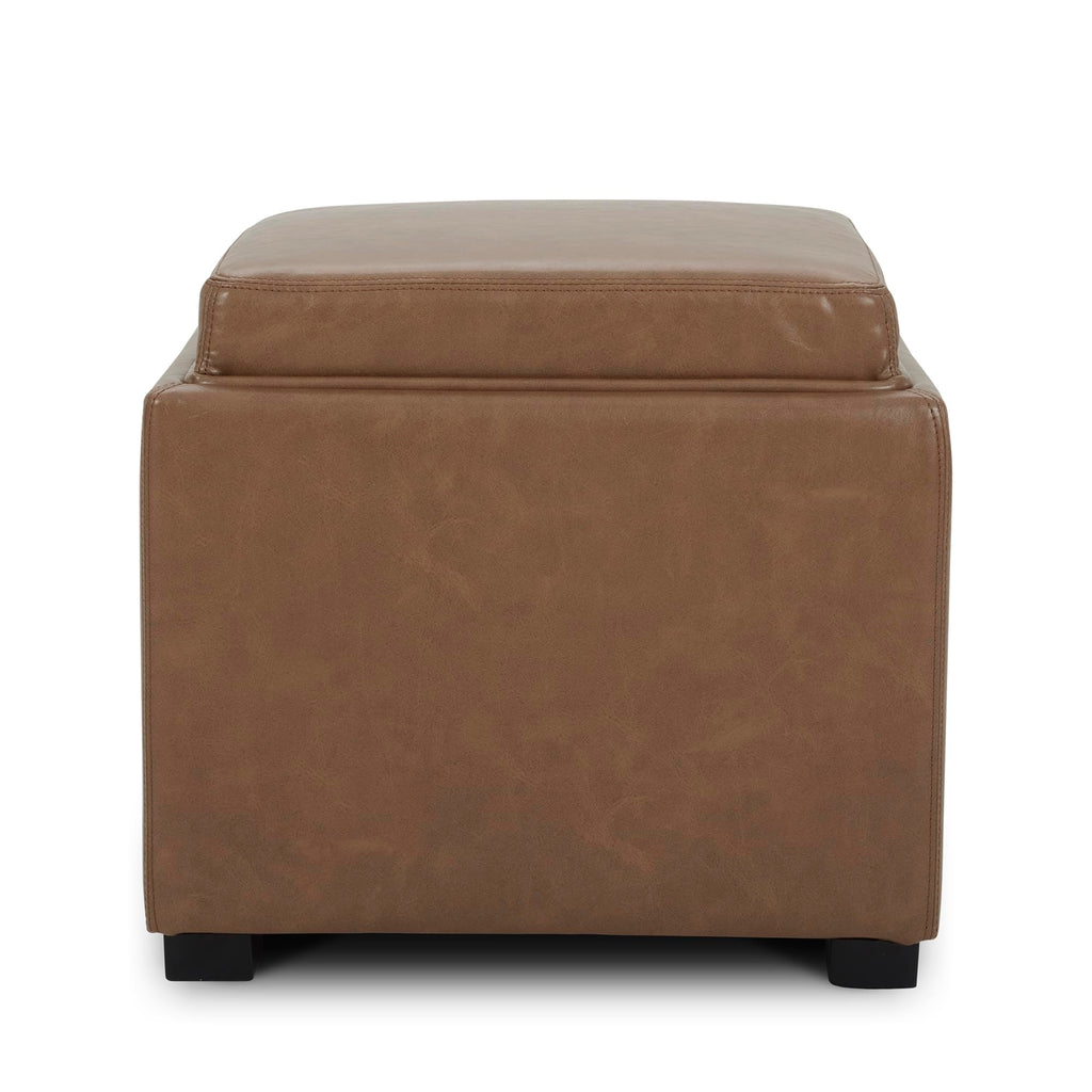 Storage Ottoman Cube with Tray Lid, Set of 2, Small Footstool with Storage, Square End Table, Faux Leather in Saddle