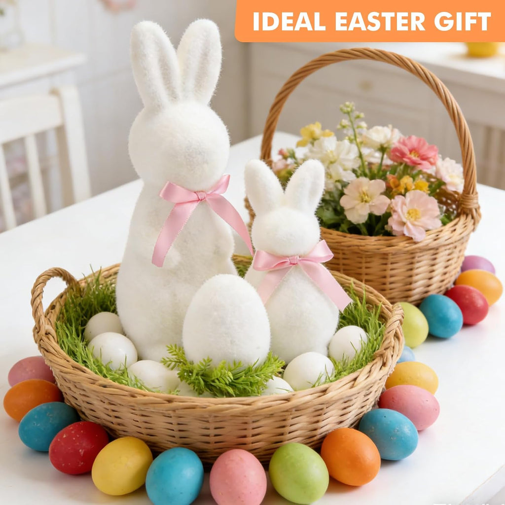 Easter Bunny Decor Set, 3 Pack Pastel Flocked Bow-Tied Bunny Set (13", 8", 4") Bunny Figurines for Spring Home Decor - Set of 3