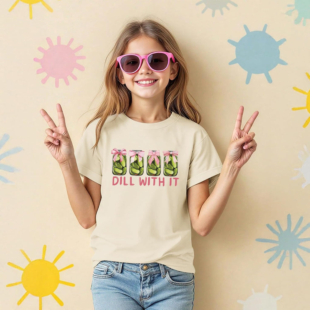 Dill Pickle Lover Shirt for Girls Pickle Jar T-Shirts Funny Bow Graphic Tees Kids Cute Cucumbers Short Sleeve Tops