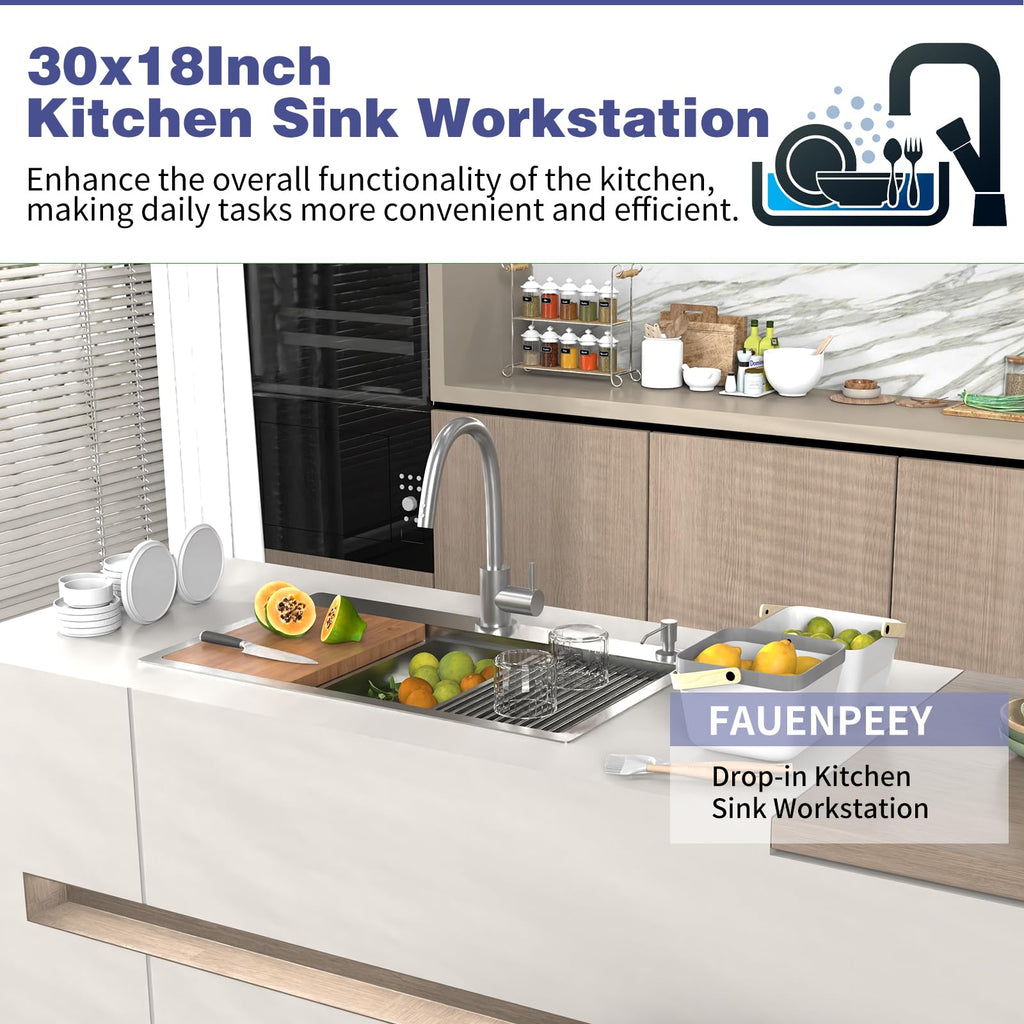 30x18In Stainless Steel Kitchen Sink Workstation, Drop-In, Single Bowl