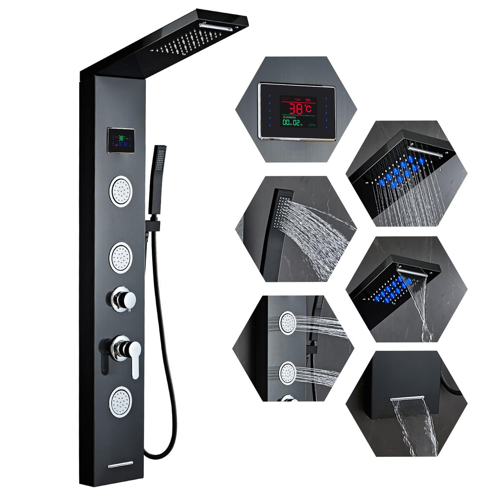 Shower Panel Tower System,Rain Shower Head Rainfall black-LED