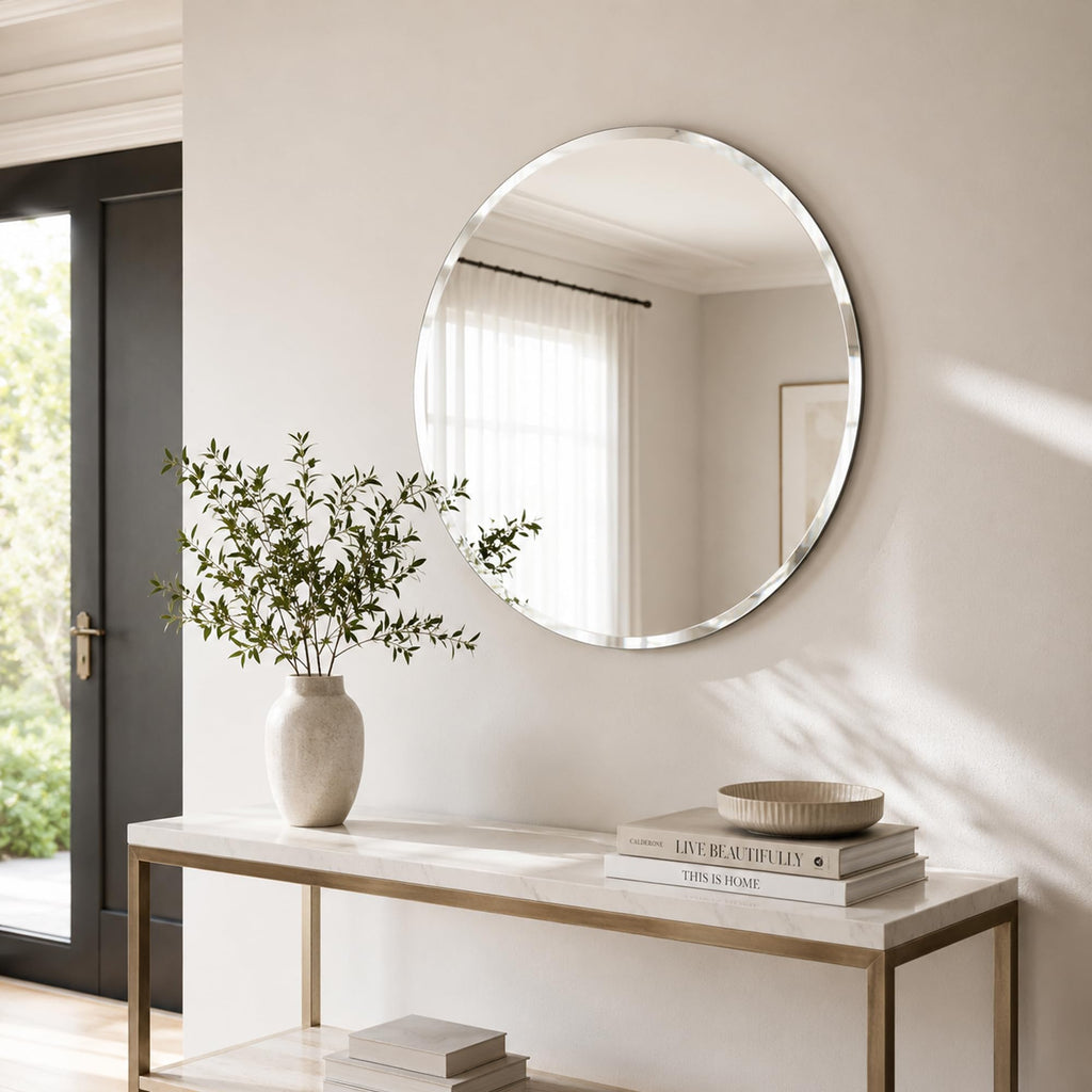 30 Inch Round Frameless Beveled Wall Mirror Vanity
