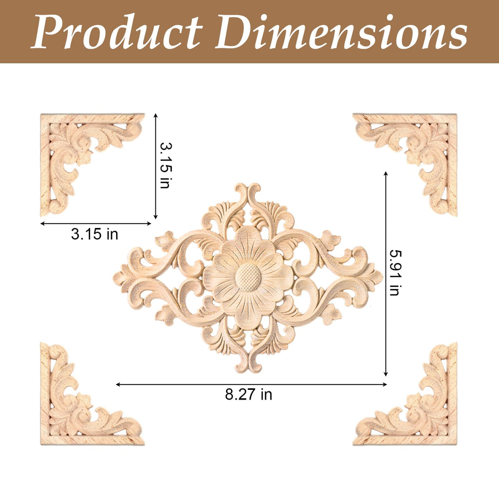 20 Pcs (4 Set) Wooden Appliques Decorative Carved Onlays, Wooden Carved Appliques DIY Decoration for Wood Furniture