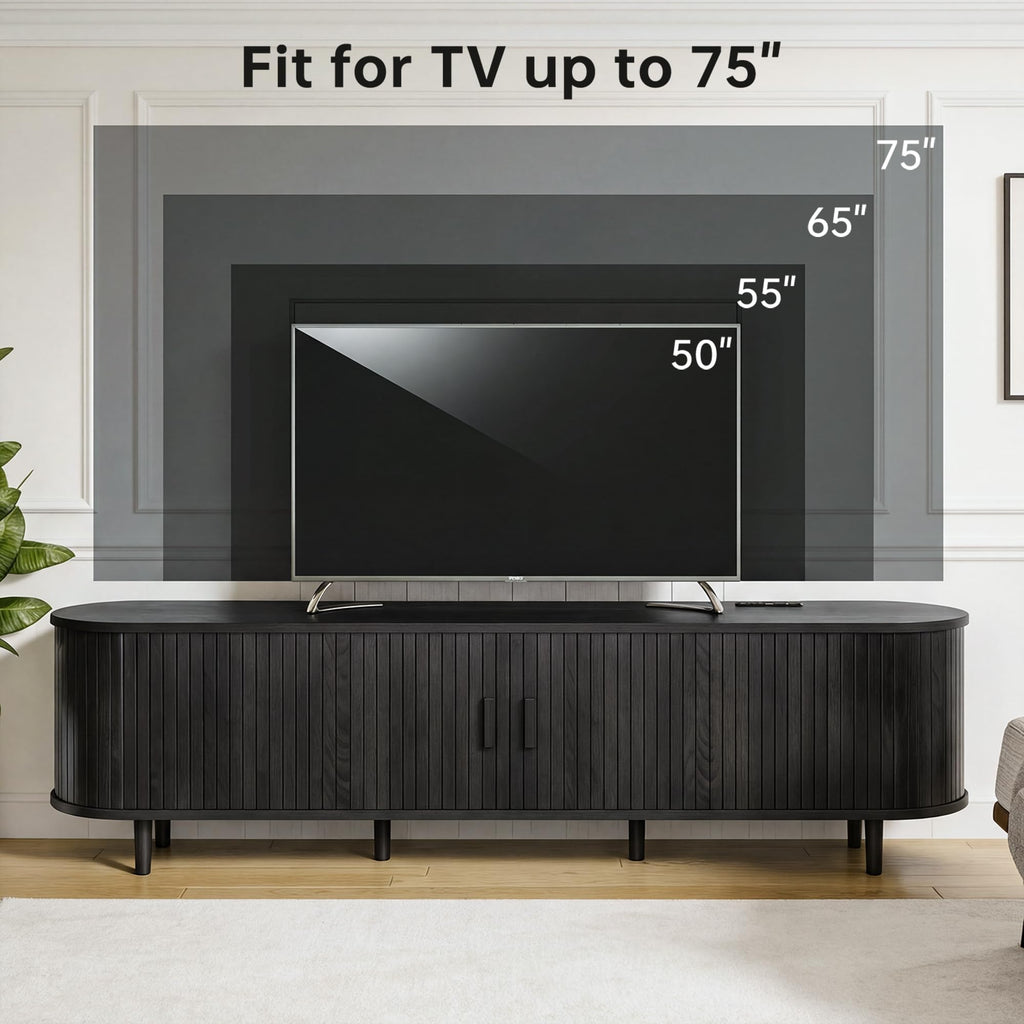 70" Mid Century Modern TV Stand, Wood TV Consoles with Sliding Doors and Power Outlet, Entertainment Center with