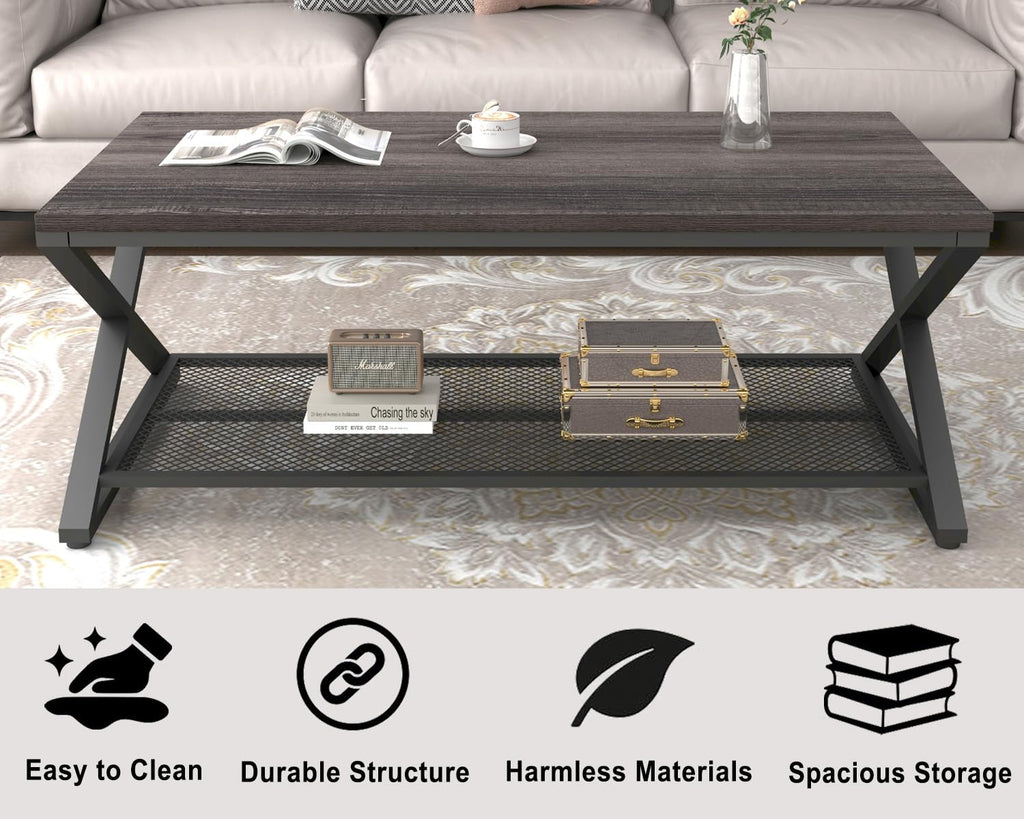 Wood Coffee Table, Center Table with Storage, Dark Gray Oak, 47 Inch