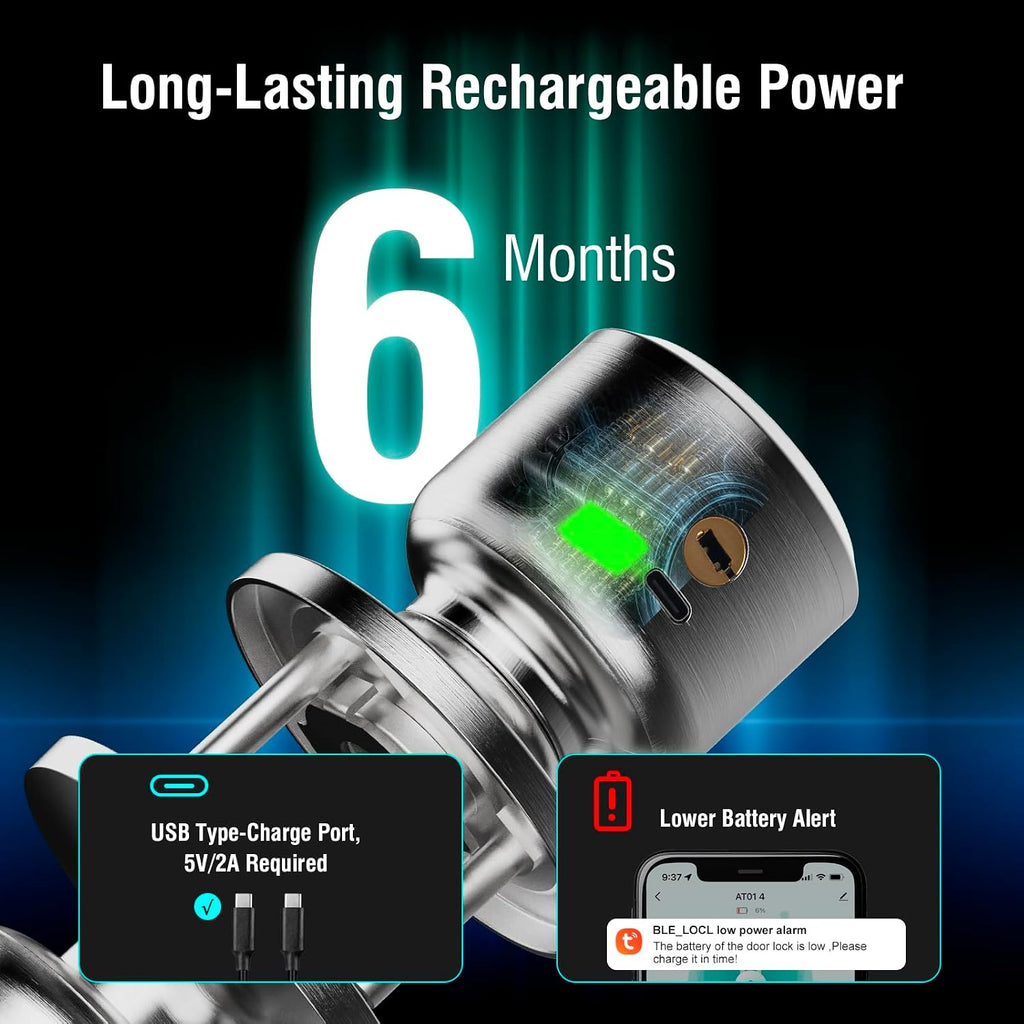 Fingerprint Door Knob, Rechargeable Keyless Smart Lock