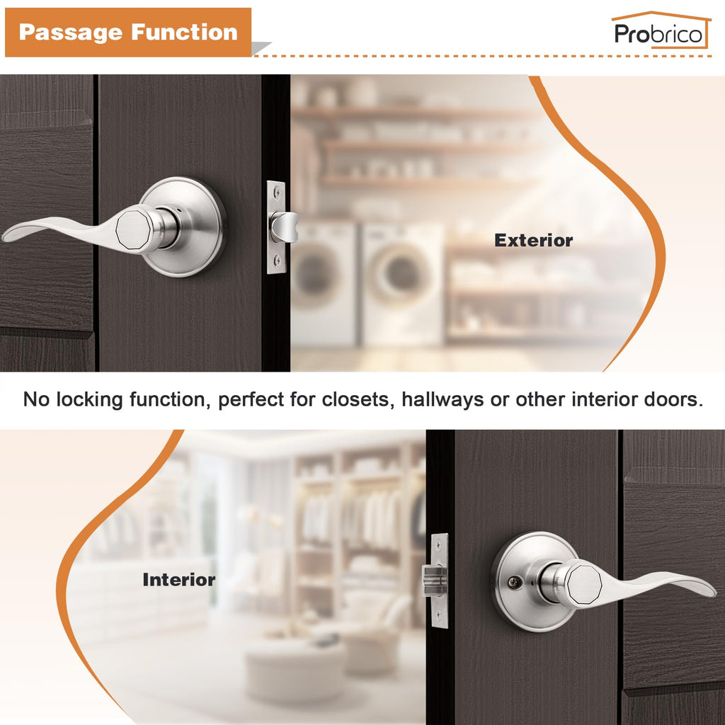 Satin Nickel Passage Door Levers, Wave Style Handles Keyless Interior Leversets and Closet, 6 Pack