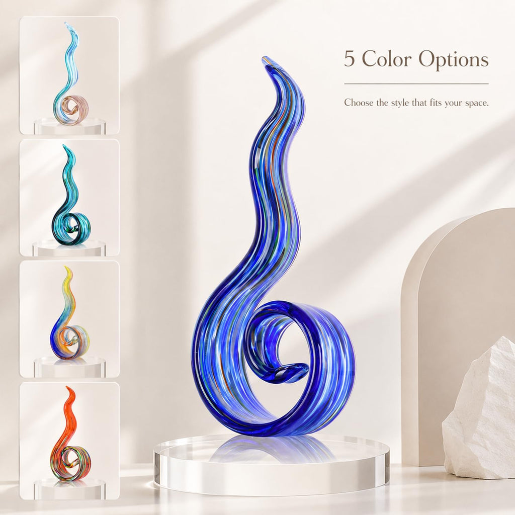 11.4in H Large Table Statue, Blue Hand Blown Glass Sculptures for Coastal Home Decor, Abstract Wave Statue