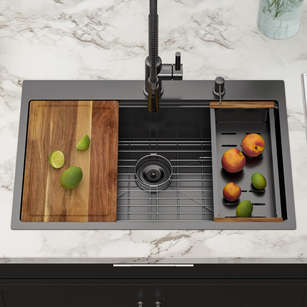 30 Inch Black Drop In Workstation Kitchen Sink with Accessories