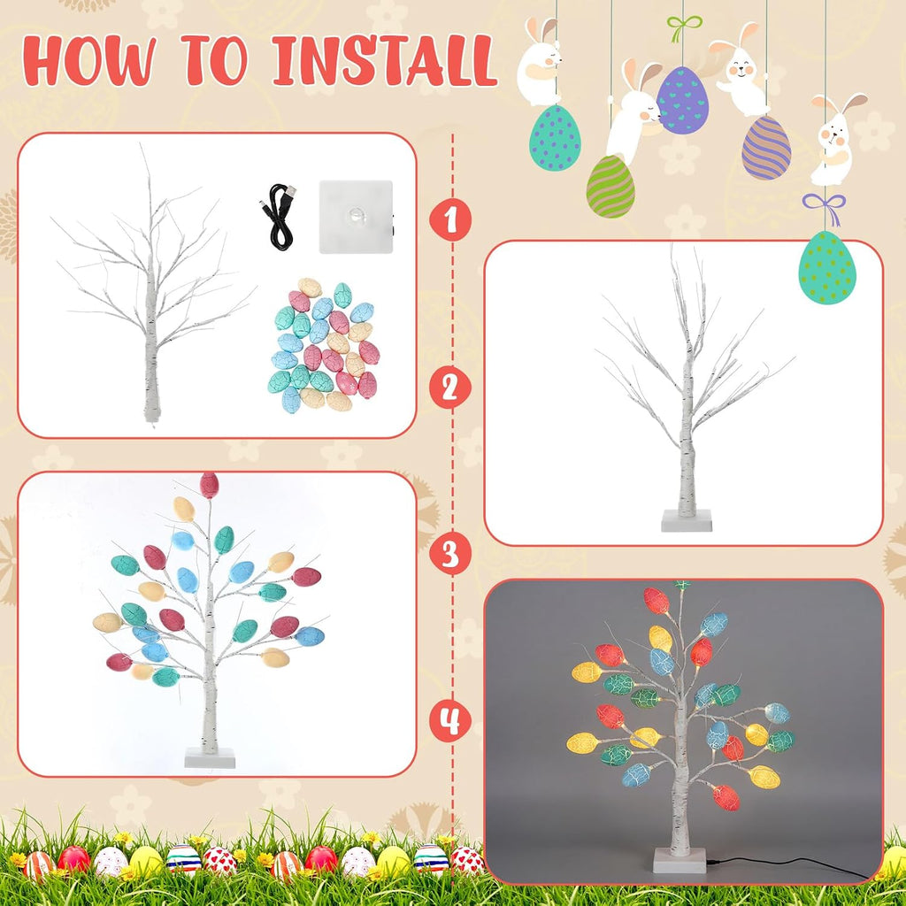 Set 24 Inch Lighted Easter Tree with 48 Eggs and Colorful LED Lights Easter Decoration Light up Artificial Birch - Set of 2