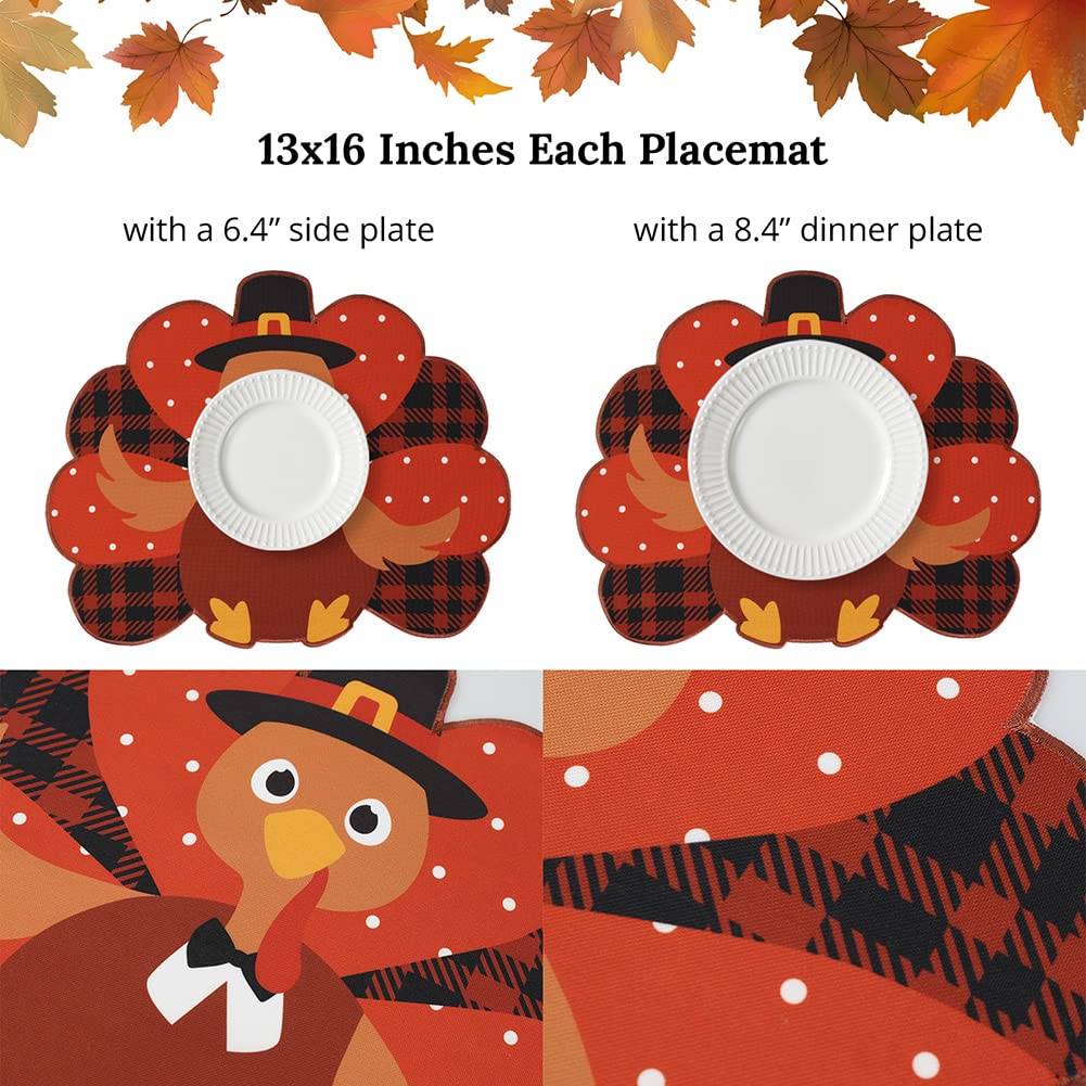 Thanksgiving Placemats Set of 4 - Fall Placemats for Dining Table Orange Brown Plaid, Harvest Turkey Placemats for