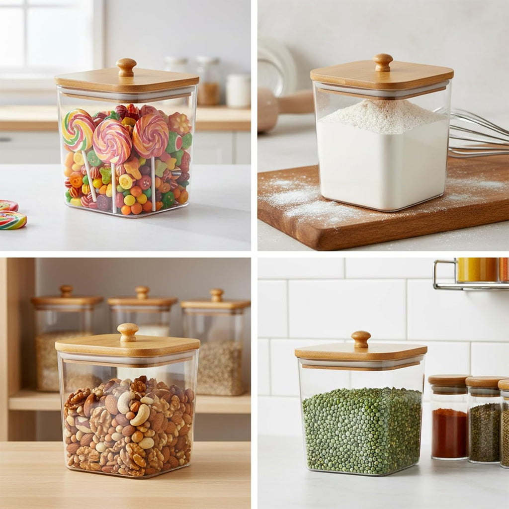 Cookie Jars with Wooden Lids Airtight, 2L Plastic Cookie Tin, Wide Mouth Candy Jar, Kitchen Counter Food Storage