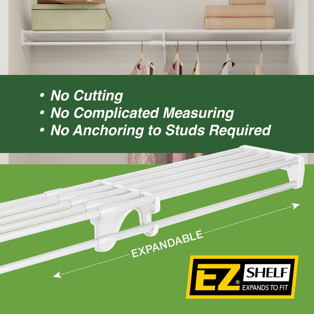 Closet Shelf with Hanging Rod - 28-48" Expandable, White, Closet Shelves - Strong, Holds 200 lbs - DIY, Easy Install