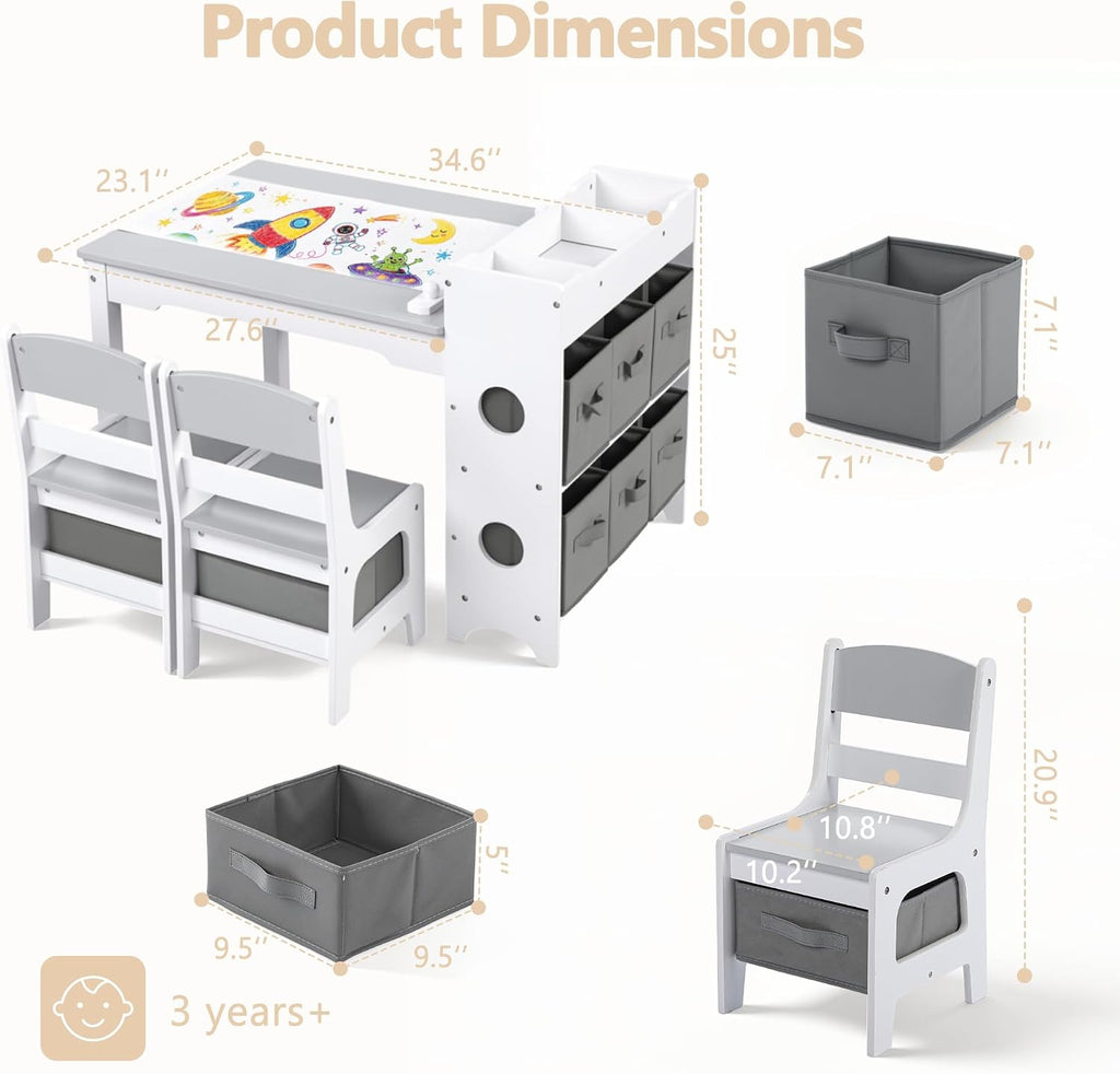Kids Art Table & 2 Chairs Set, Bookshelf, Grey