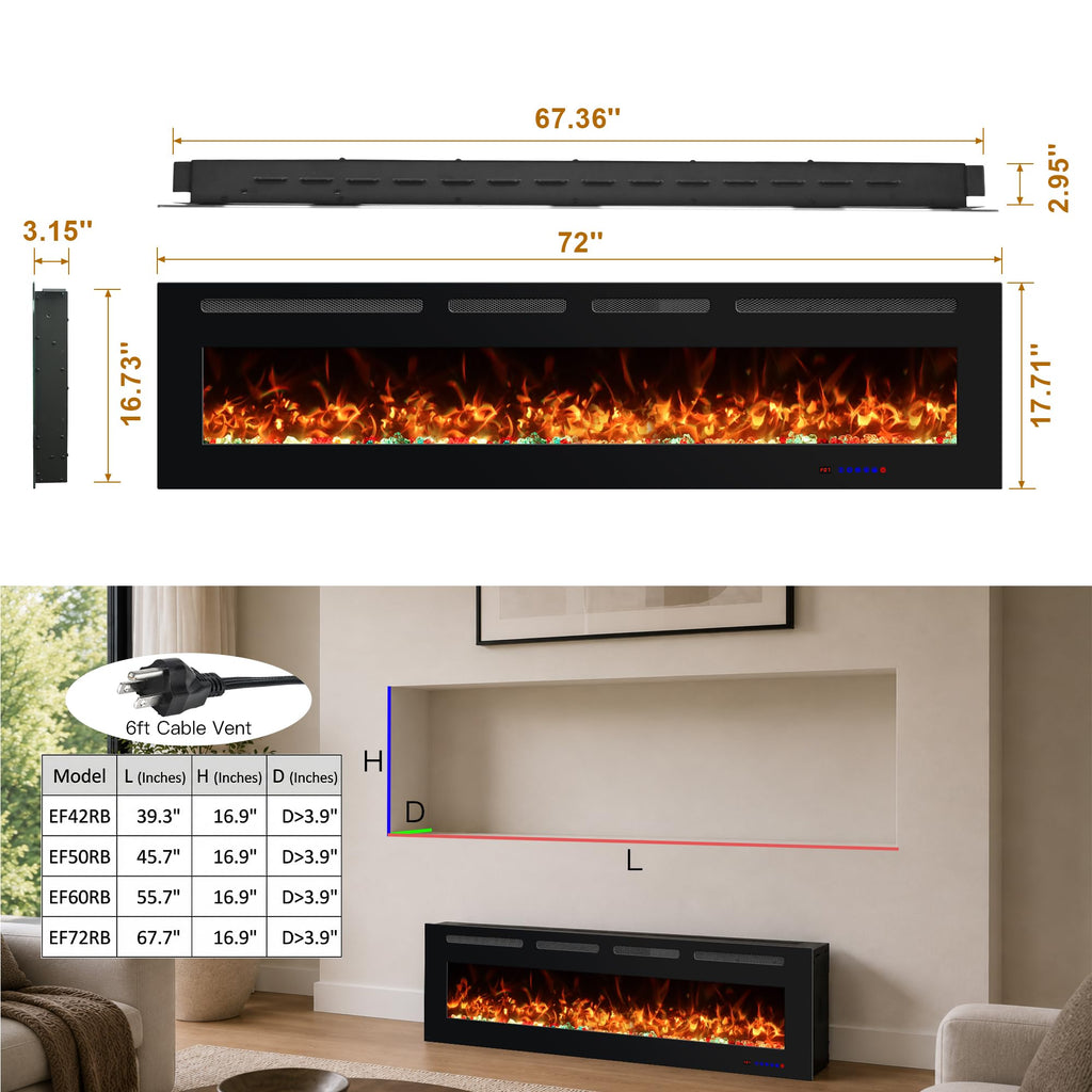 OxharkFlame 72in Smart WiFi Electric Fireplace Insert Wall Mounted Recessed