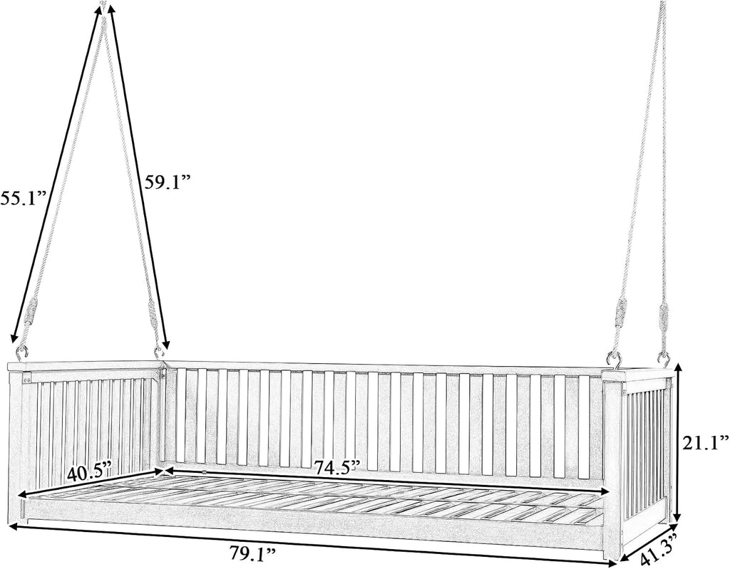 Porch Daybed Swing Outdoor Wooden Swing Bench, Patio Hanging Swing Chair Swinging Bed for Garden, Backyard, Deck, Grey