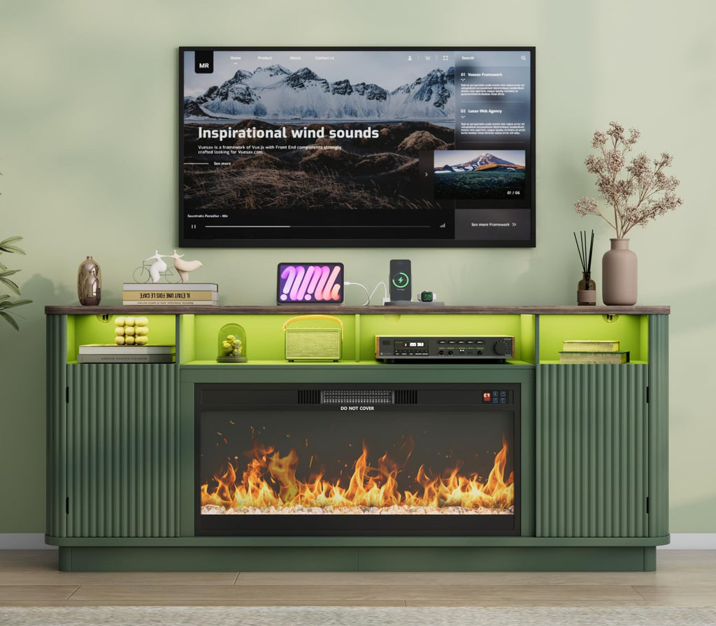 70" Fluted Fireplace TV Stand Modern Entertainment Center with 36" Electric Fireplace, Wood Media Console w/Power