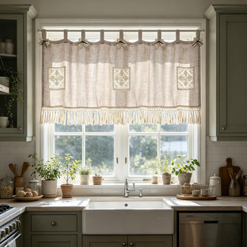 Boho Oven Curtain Tab Top Linen Window Valance With Crochet Storage Pocket