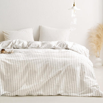 Striped Cotton Duvet Cover Set, White
