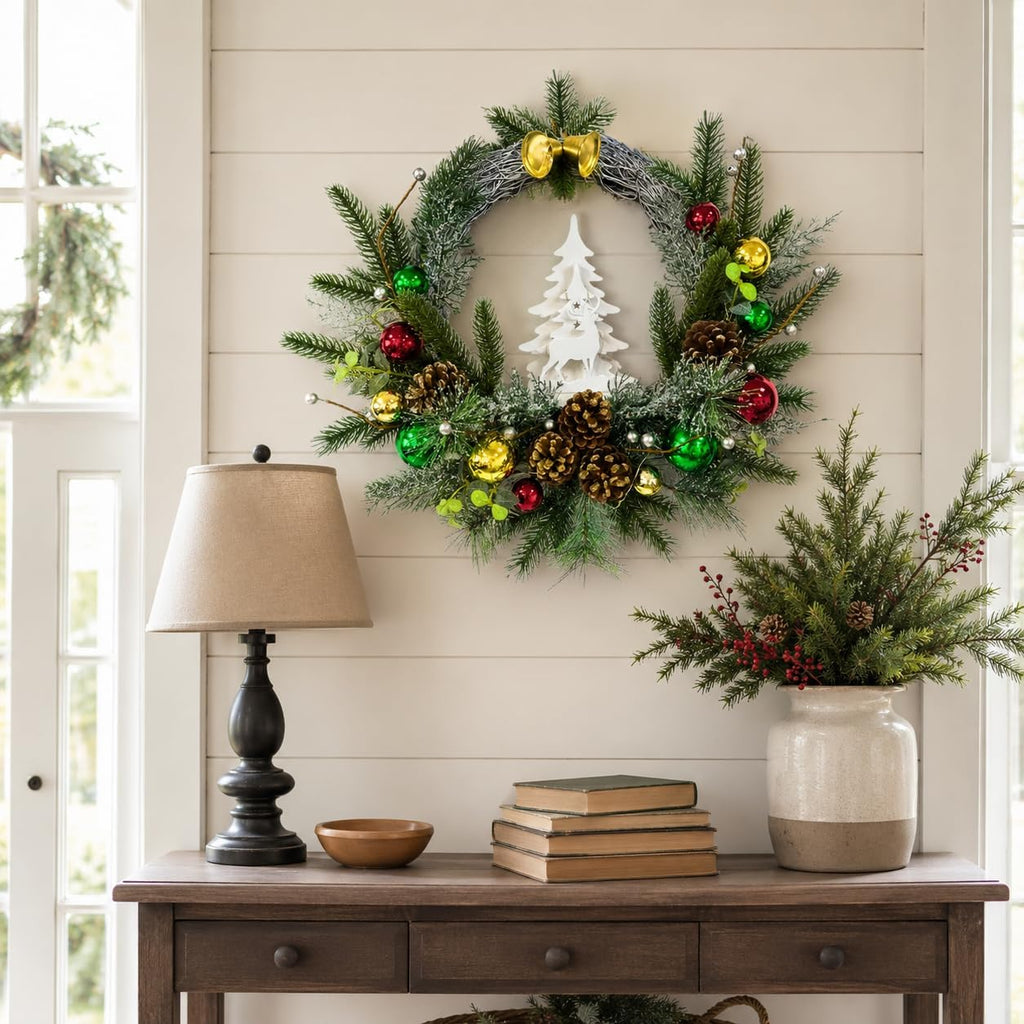 Pre-Lit Flocked Christmas Wreath with Reindeer 20 LEDs and Timer