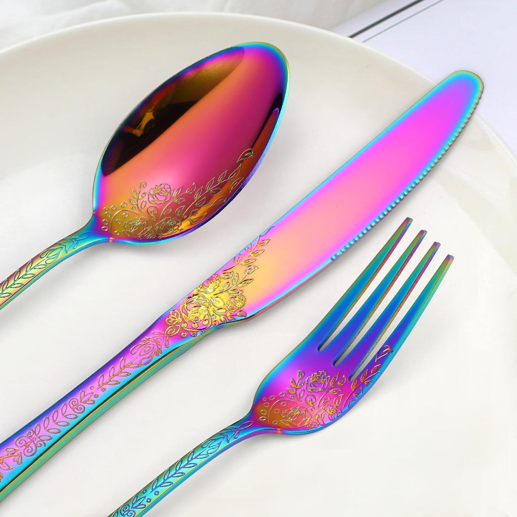 Embossed Flatware Set Rainbow 30 Piece Stainless Steel Silverware for 6 Cutlery with Floral Design Eating Utensils