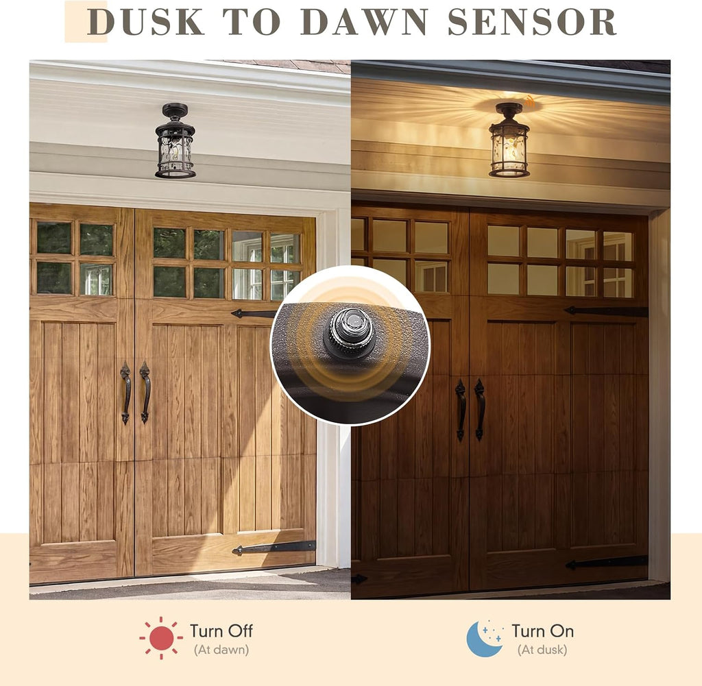 12.4" Outdoor Ceiling Light Flush Mount, Dusk to Dawn Semi Flush Light Fixture in Oil Rubbed Bronze Finish for