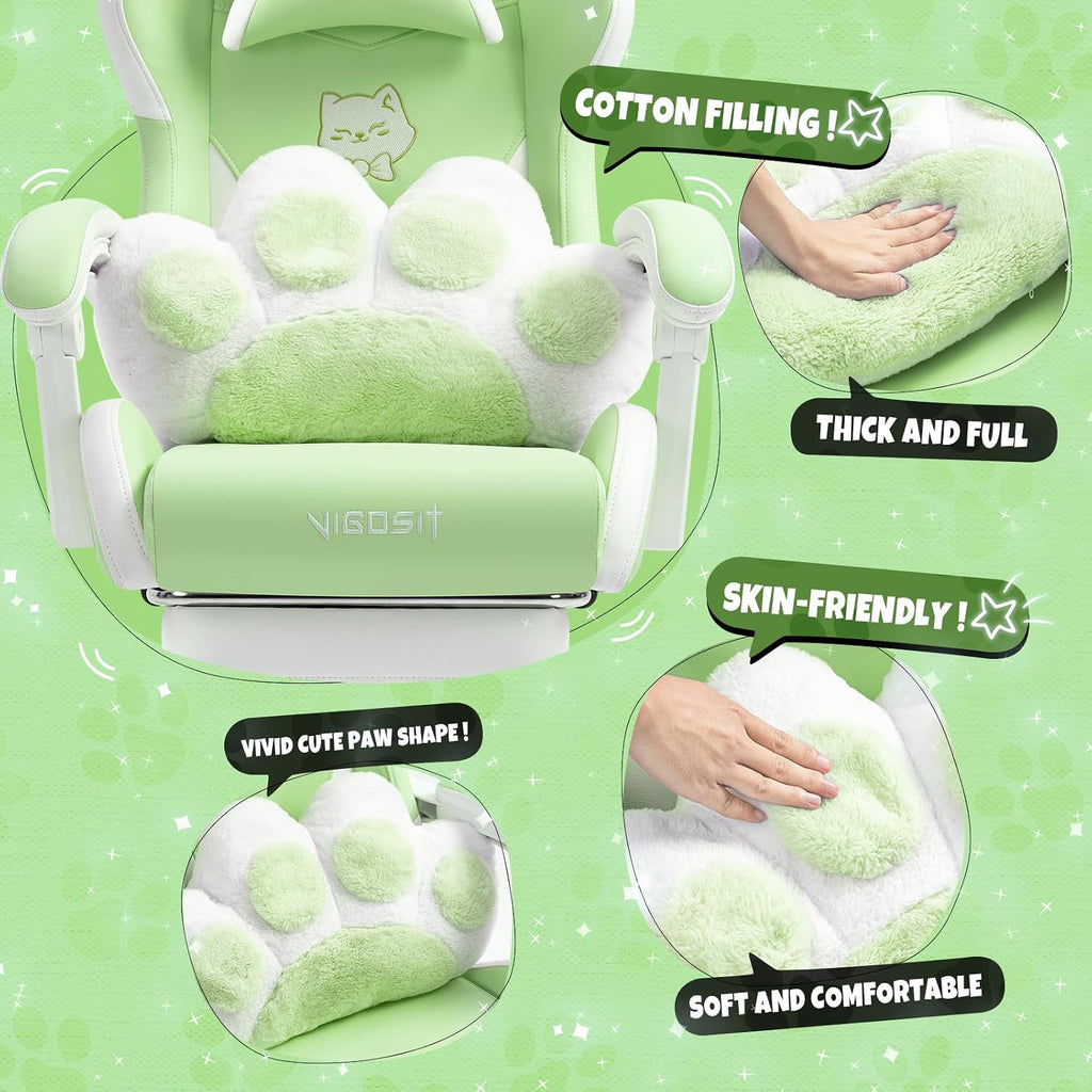 Cute Cat Ears Gaming Chair for Women Girls - Ergonomic PU Leather Office Chair with Footrest cat paw Pillow, 360°