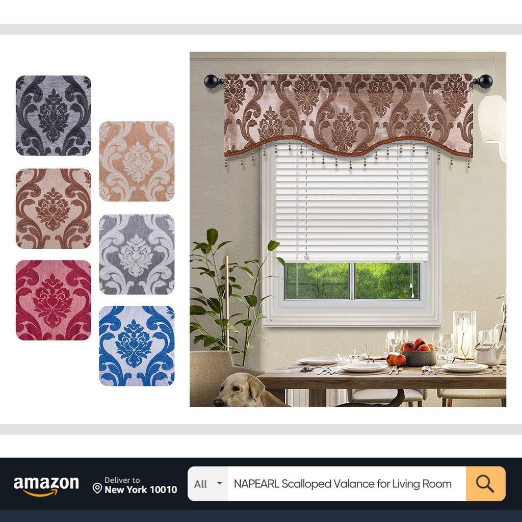 Valance Curtains Windows, Brown Waterfall Swag Curtains, Jacquard Damask Cascade and Jobot Valances (41 Inches Wide