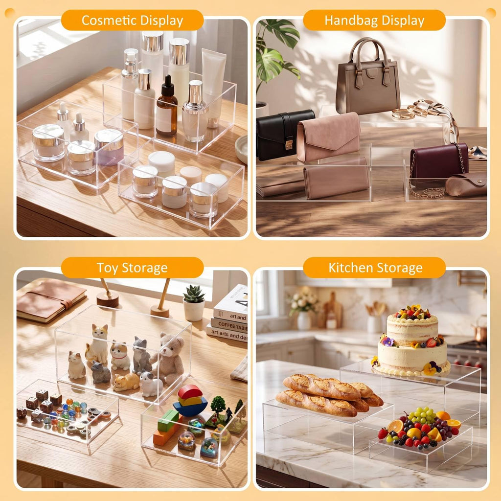3 Pack Extra Large Acrylic Risers - 14", 12", 10" Clear Display Stands with Hollow Bottoms, Cube Buffet Riser Boxes