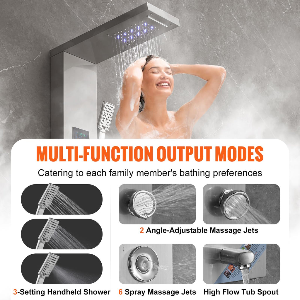 Shower Panel, 6 Shower Modes, LED & Screen Hydroelectricity Shower Tower Panel System, Rainfall, Waterfall, 8 Massage
