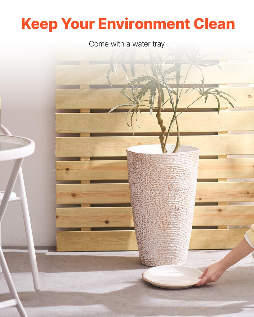 Set of 2 Tall Outdoor Planters 21" H, Round Large Planters for Front Porch and Patio, Stone Finish Flower Tree Plant