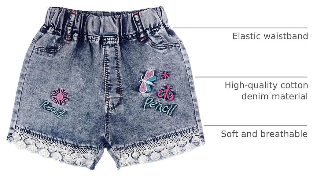 Little&Big Girls Summer Denim Shorts Elastic Waistband Flower Ripped Jeans