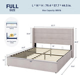 Full Lift Up Storage Bed, Modern Wingback Headboard, Hydraulic Support, No Box Spring Needed, Light Beige
