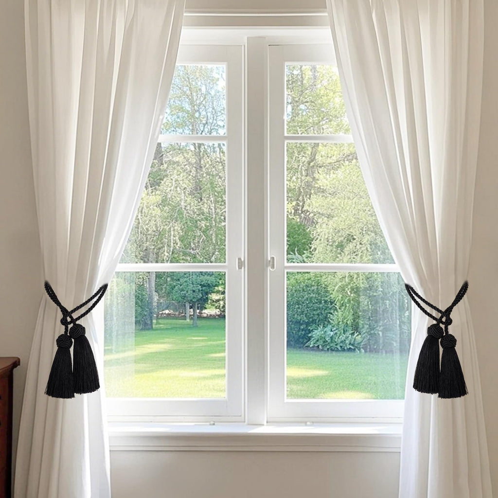 Curtain Tiebacks Window Decorative Tassels Black Curtain Tiebacks Rope with Tassels Window Curta Decoration - 4 Pack