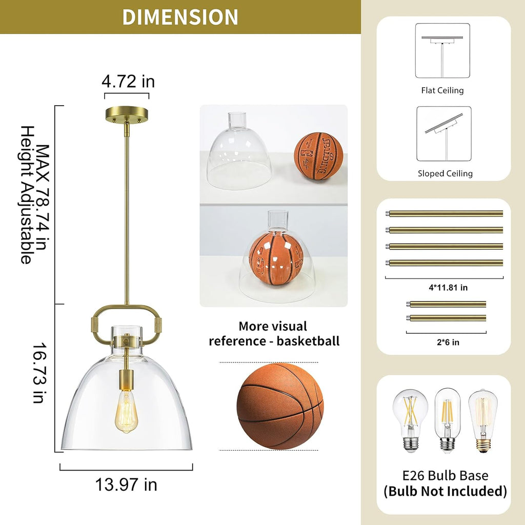 14'' Large Glass Pendant Lights Kitchen Island, 1-Light Modern Gold Kitchen Island Lighting, Adjustable Antique Brass